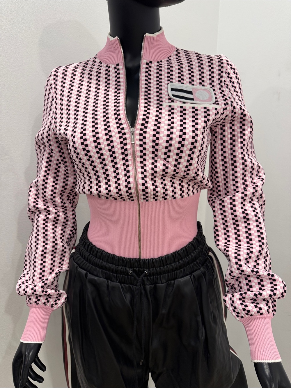 Miu Miu Club Cropped Zip Jacket Pink Checker Logo Jersey IT 40 Rare NEW